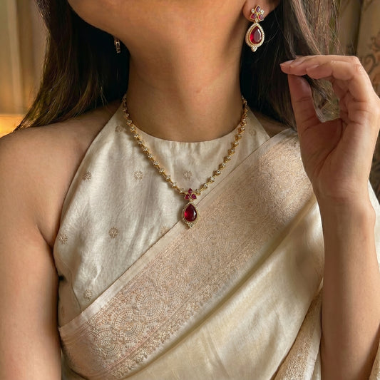 Victorian simple short necklace with Duplet ruby stone and pushback earrings