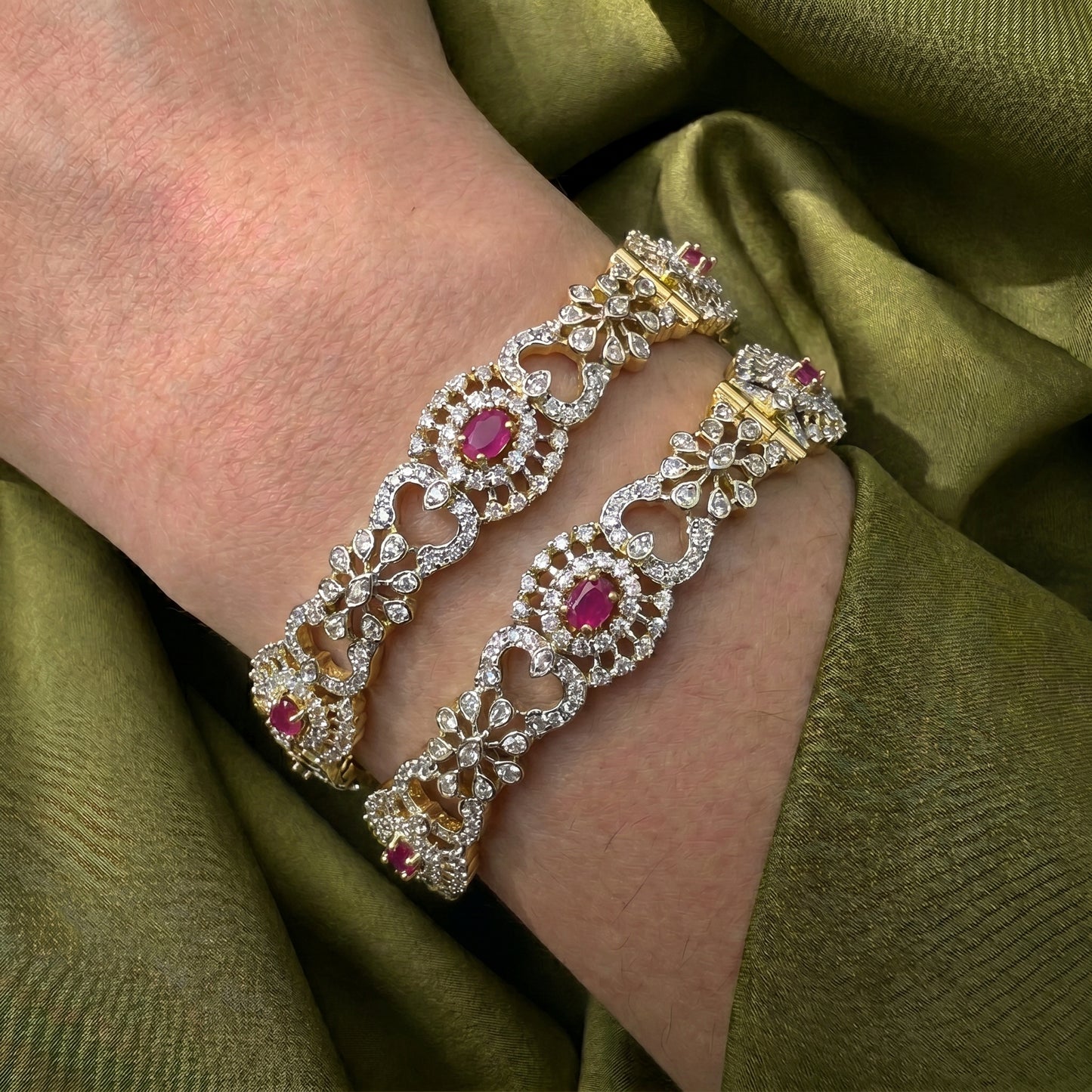 41937 Diamond replica openable bangles with premium quality and finishing with Ruby stones