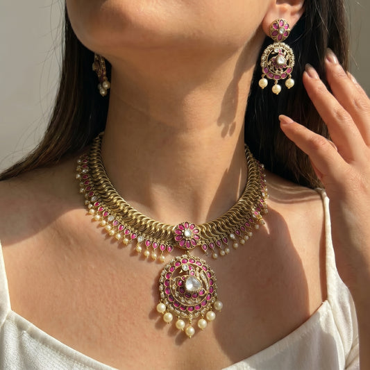 Victorian Jalebi Short Pink And Moissanite Stone Necklace With Push Back Earrings