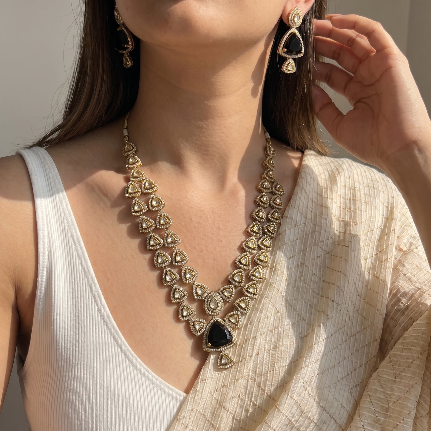 Victorian Mehendi 2 layer bridal necklace with earrings in lavender stone