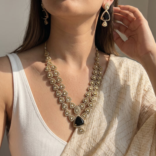 Victorian Mehendi 2 layer bridal necklace with earrings in lavender stone
