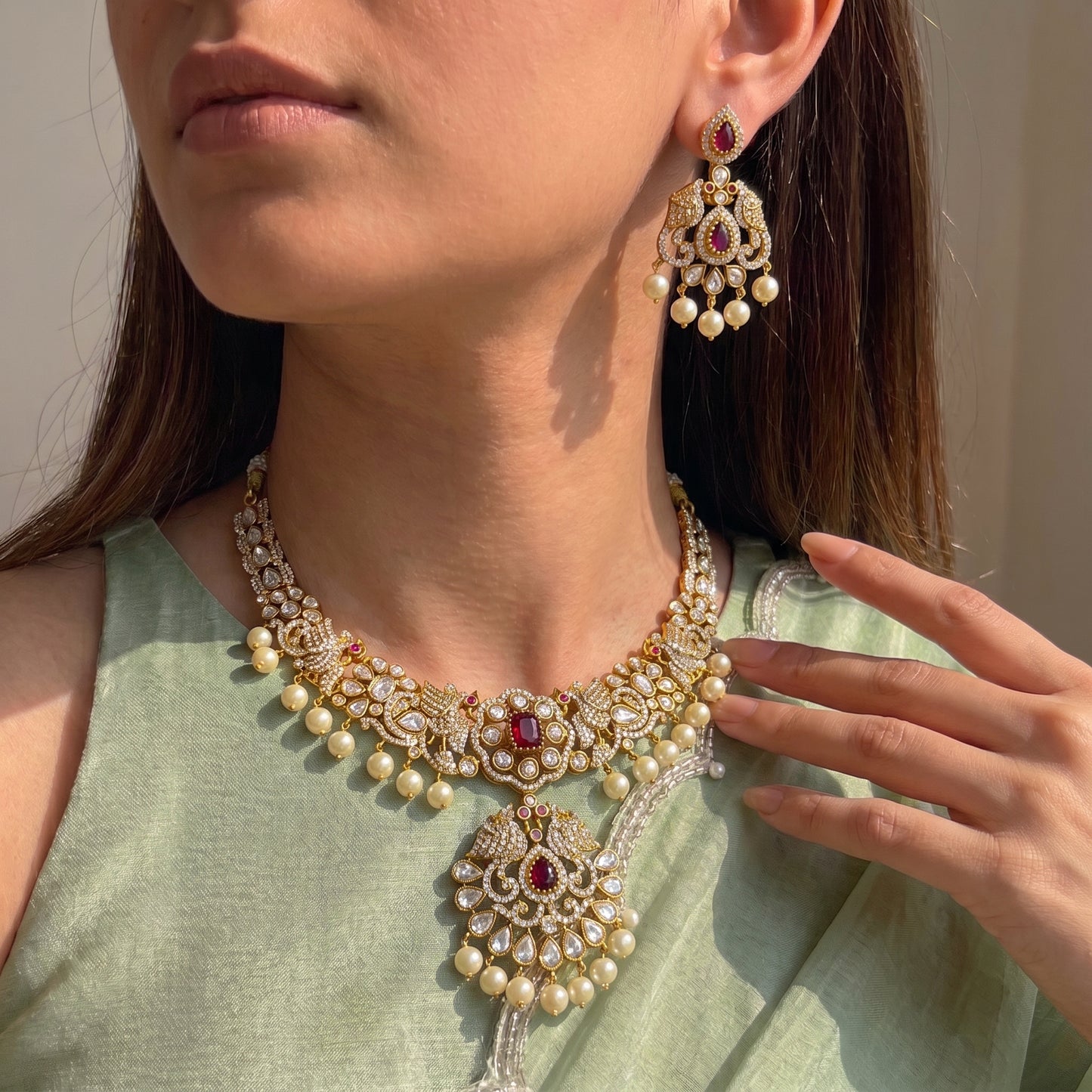 Victorian Necklace with Moissanite stones and peacock pattern