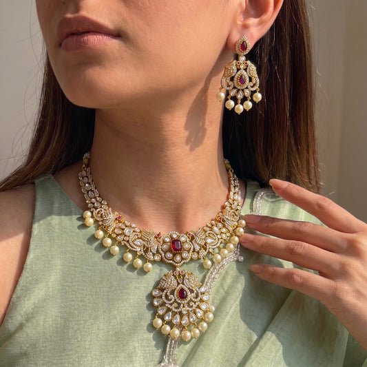 Victorian Necklace with Moissanite stones and peacock pattern
