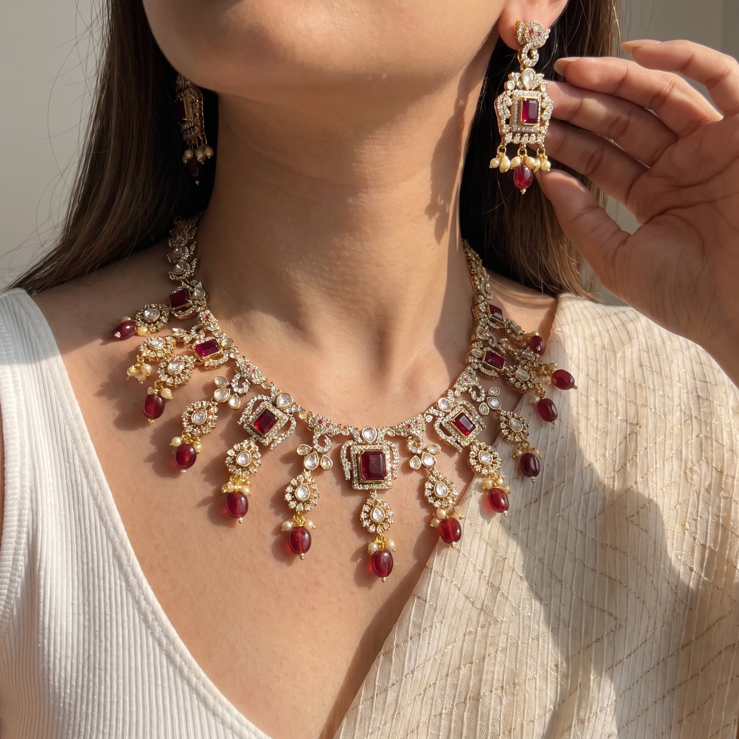 Victorian hanging ruby elephant necklace