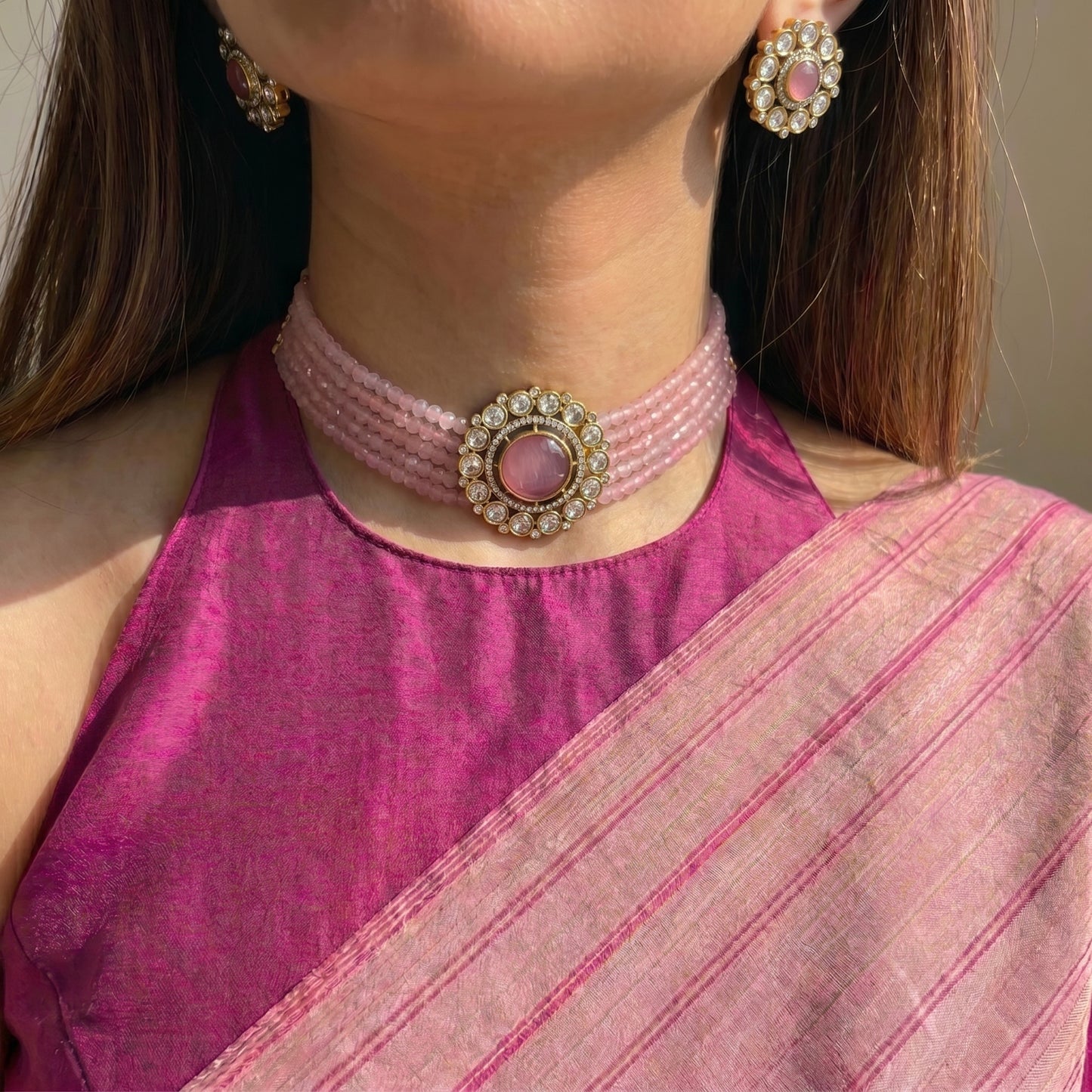 Victorian light pink beads choker