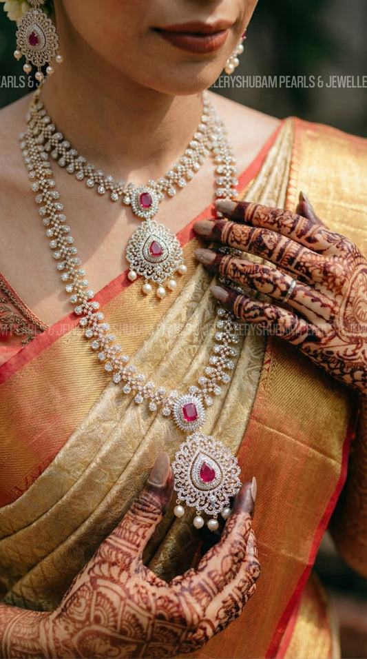 41026 / 41028 Red CZ Stone Bridal Necklace Combo Set with Earrings GJ