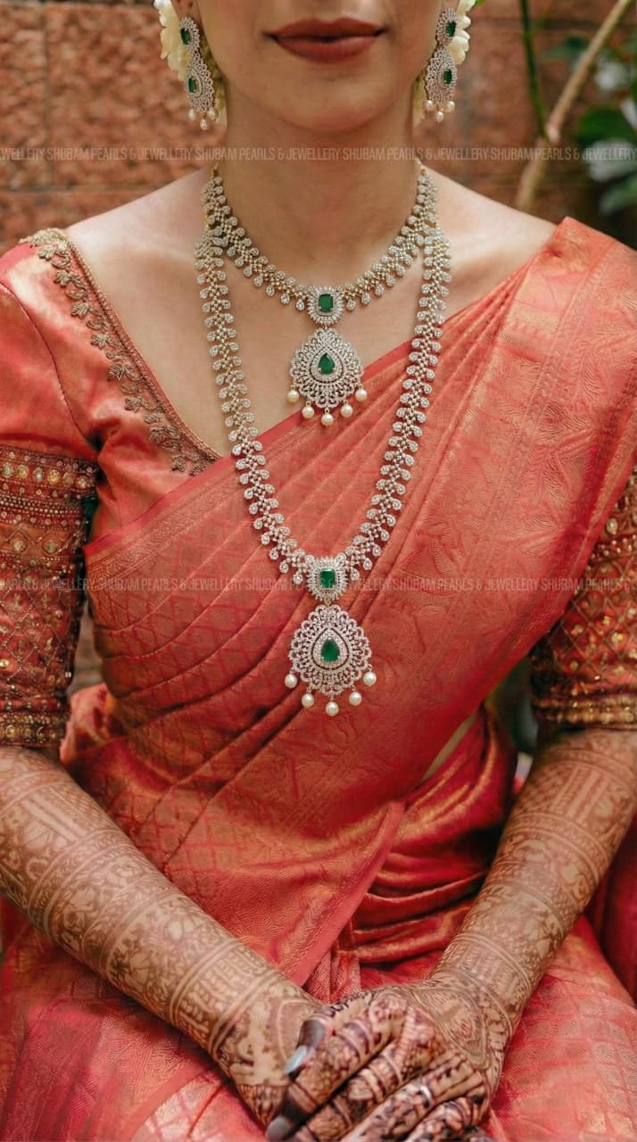 41025 / 41027 Green CZ Stone Bridal Necklace Combo Set with Earrings  GJ