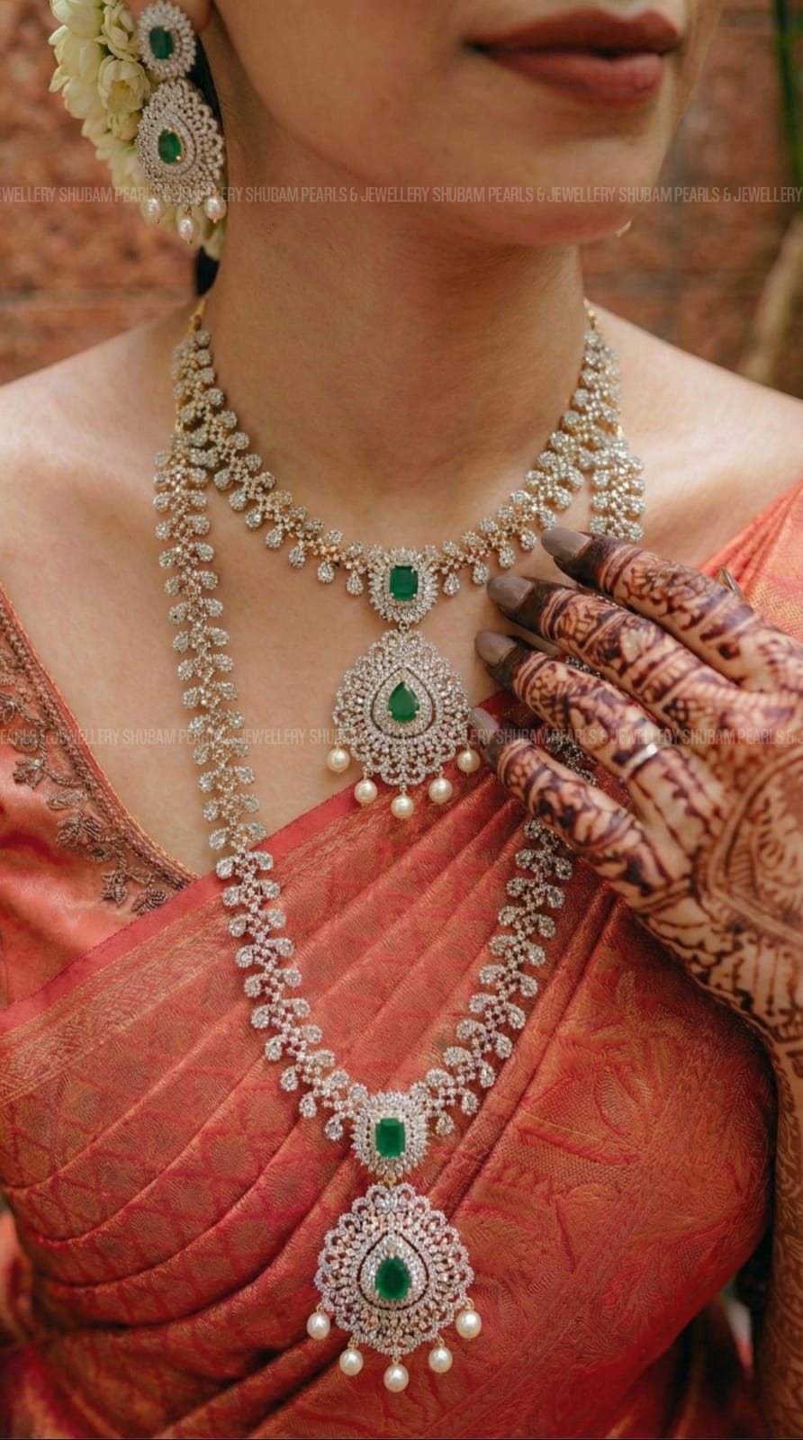 41025 / 41027 Green CZ Stone Bridal Necklace Combo Set with Earrings  GJ