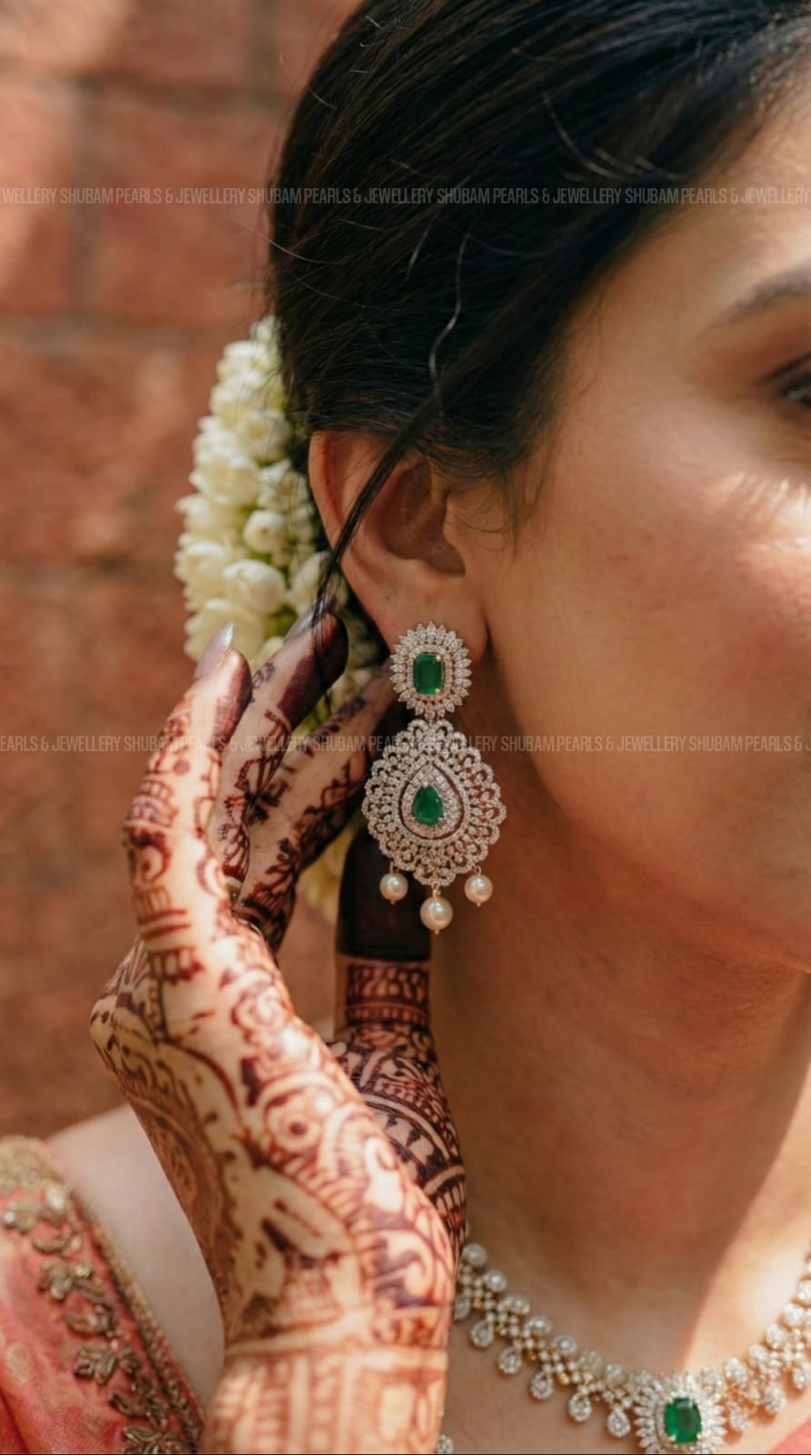 41025 / 41027 Green CZ Stone Bridal Necklace Combo Set with Earrings  GJ