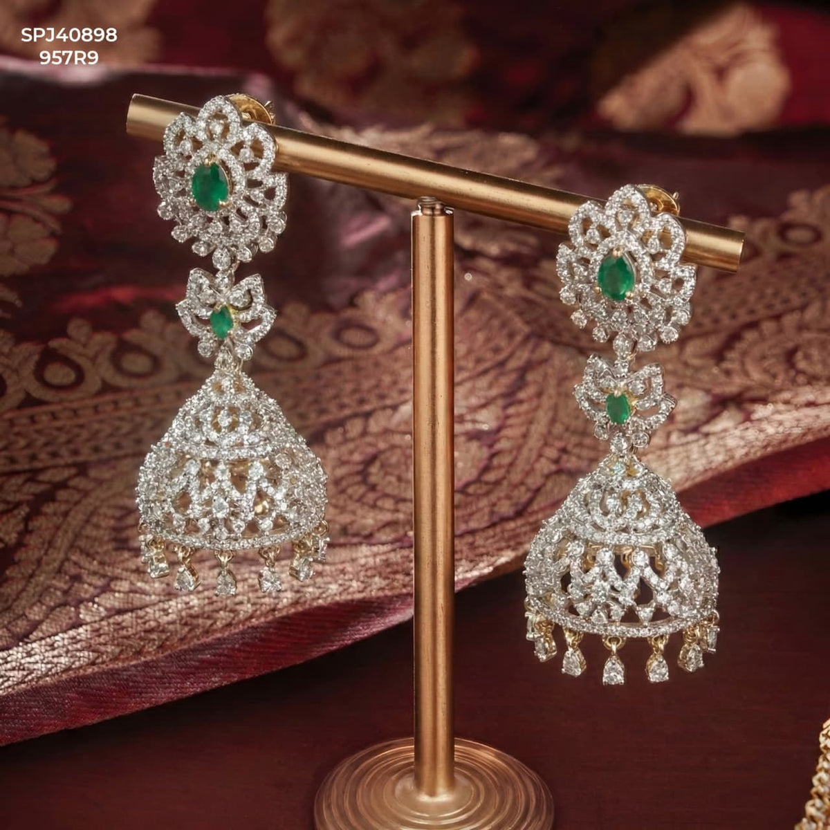 Premium Real Diamond Look Green Stone Jhumki With Screw Back 40898