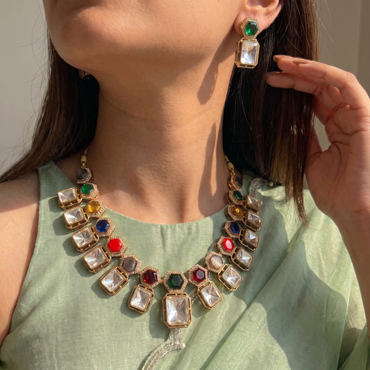 moissanite kundan short multi color necklace