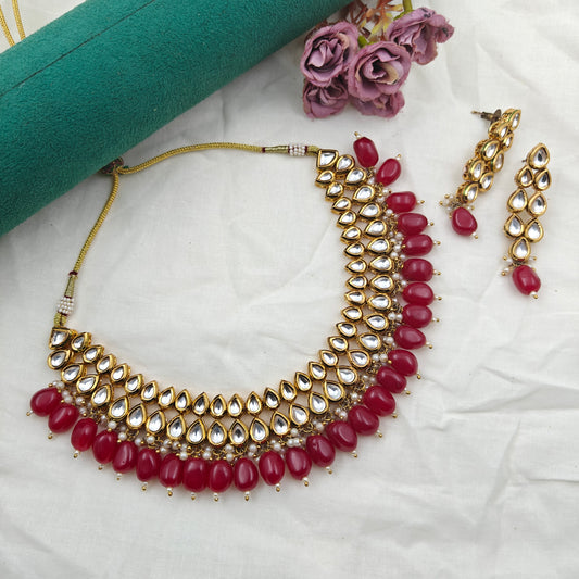 8021 Mennakari Kundan short necklace with red beads