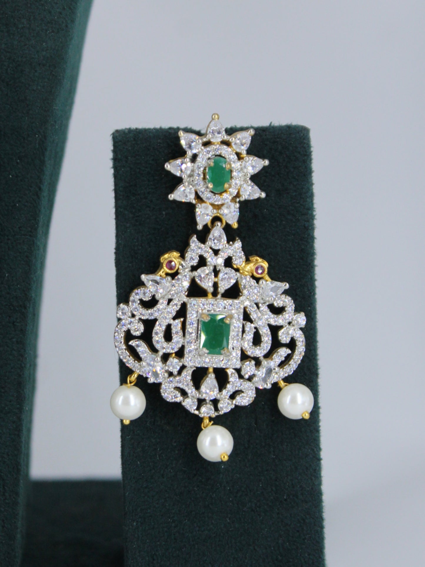 37785 Royal Peacock Bridal Necklace Set with Emerald Pendant & Earrings