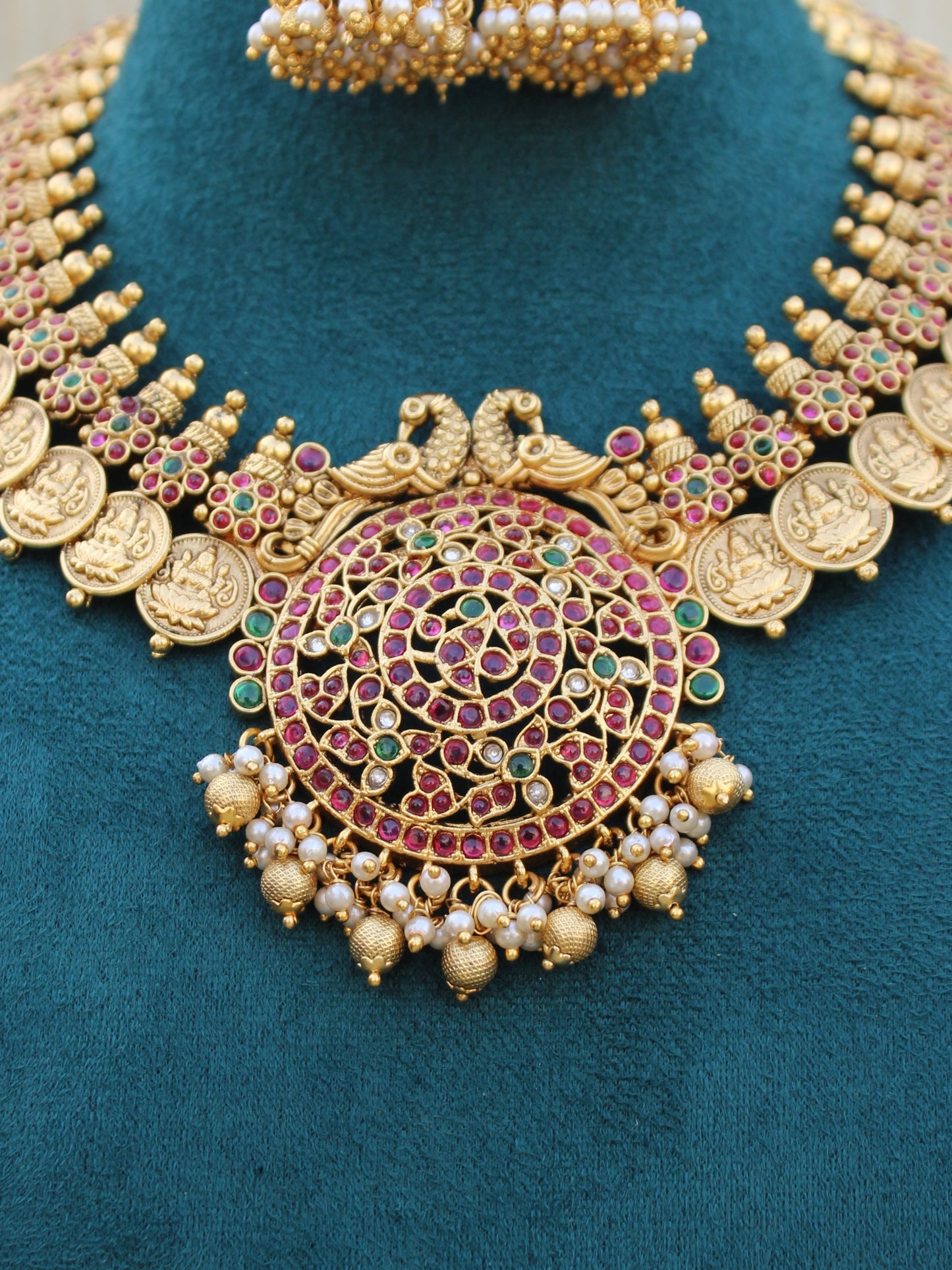 36339 Kasula Mala Jadau Temple Necklace Set with Pendant & Jhumkas