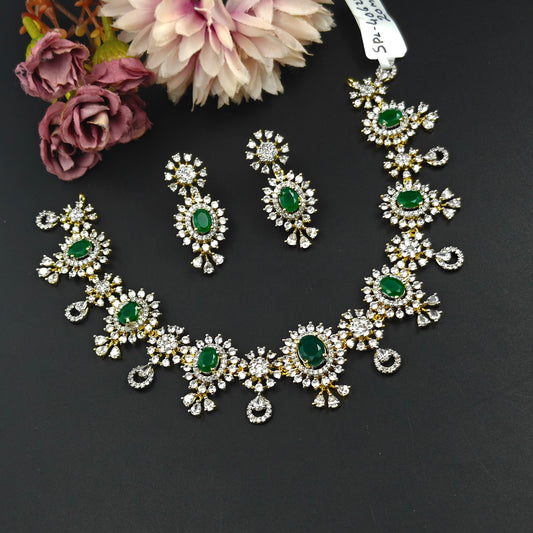 40625  GJ green stone necklace with screw back earrings