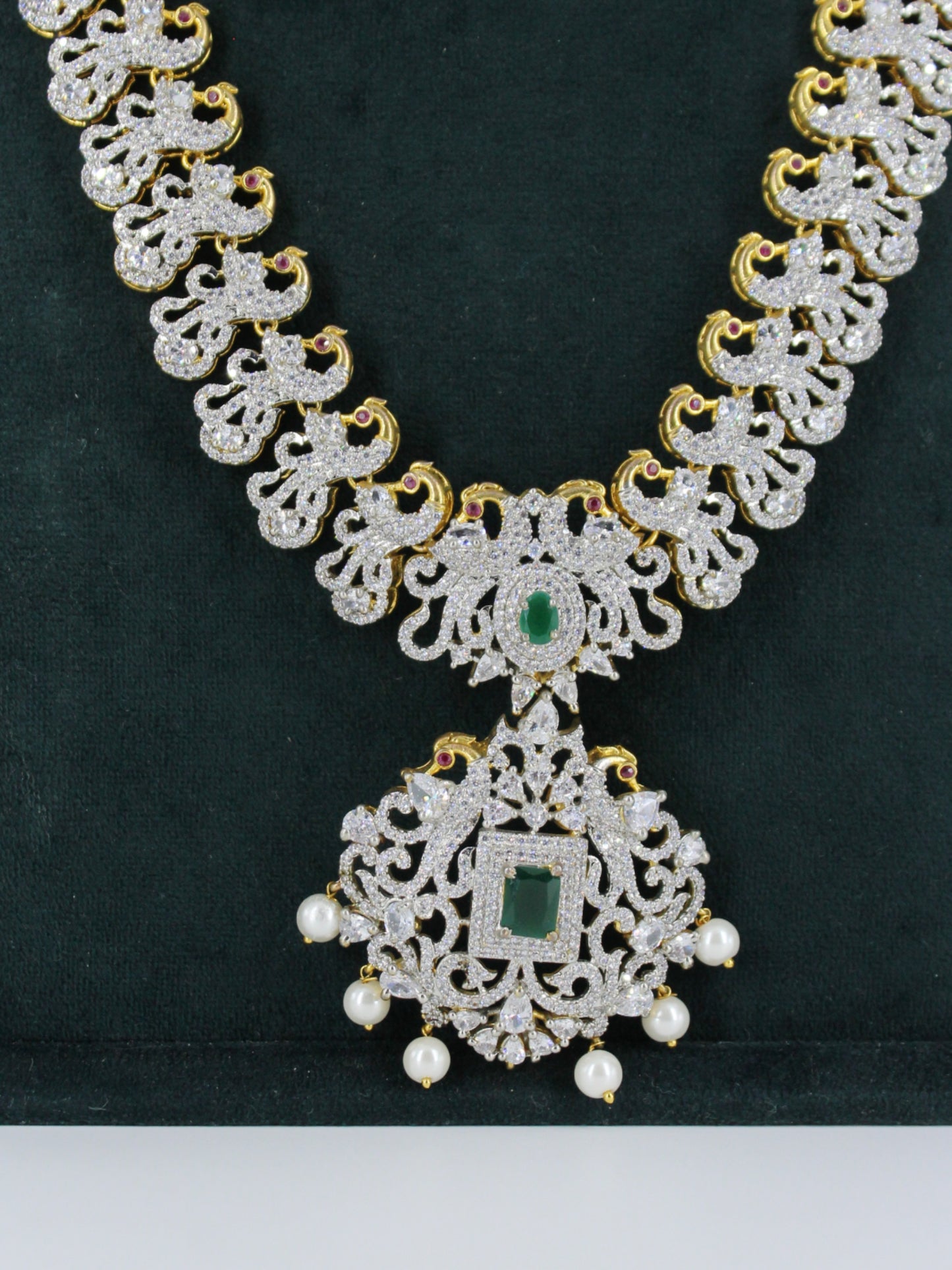37785 Royal Peacock Bridal Necklace Set with Emerald Pendant & Earrings