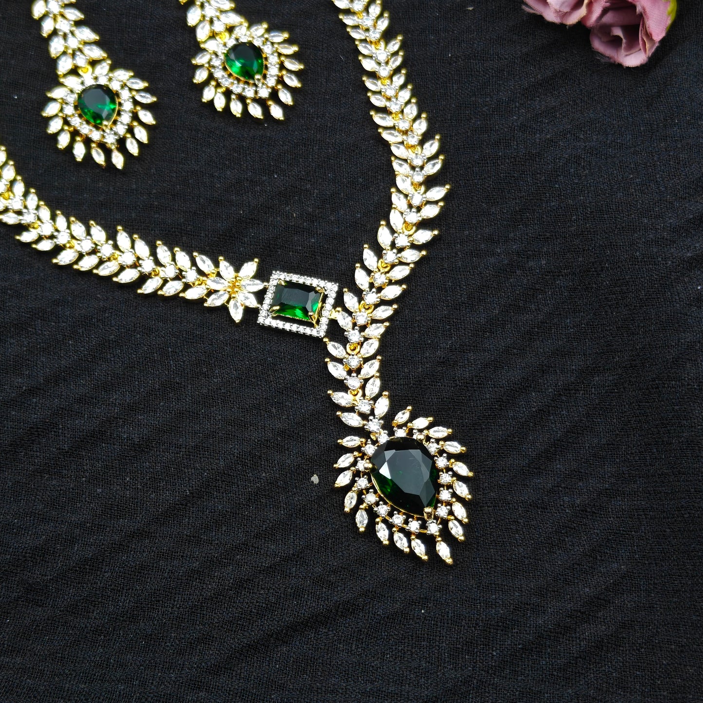 39381 Real diamond look fancy emerald necklace with heavy hangings