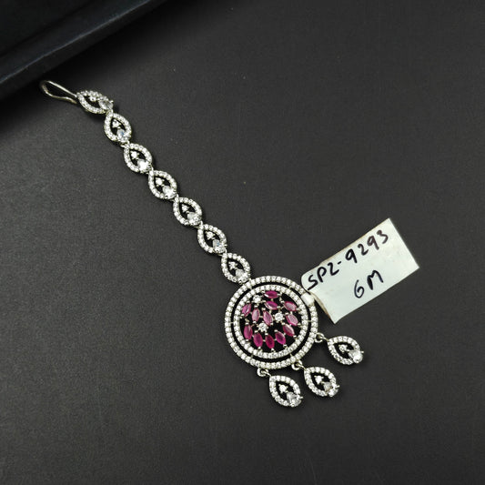 9293 Round design maangtikka with pink stones and white CZ crystals