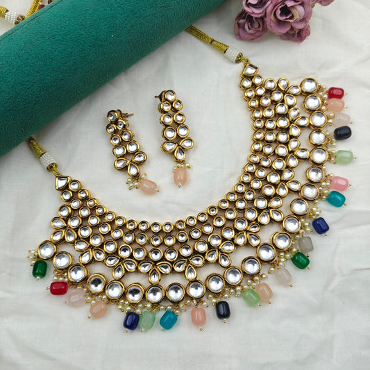 976 Mennakari Kundan short and broad necklace with multi colour beads