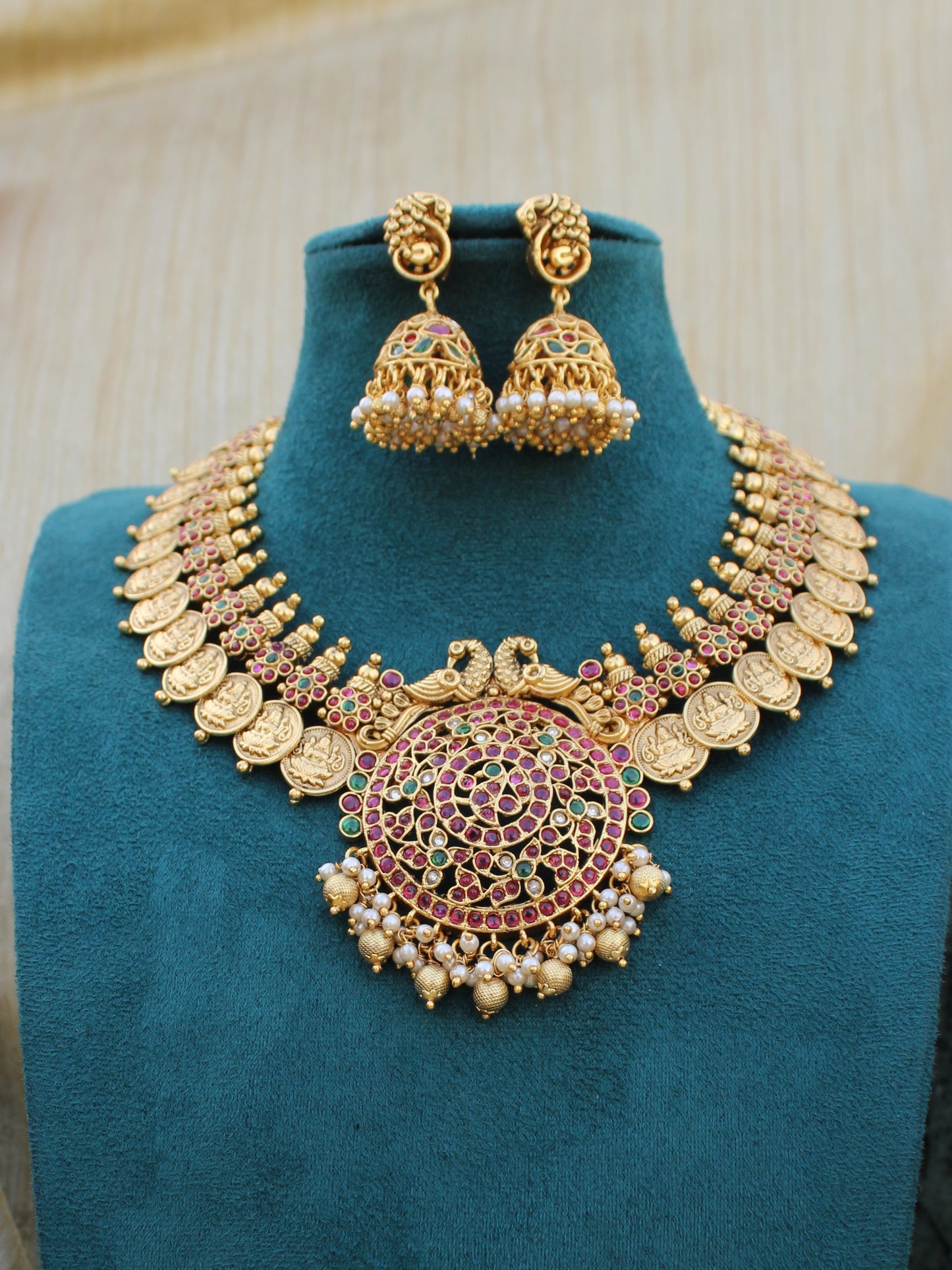36339 Kasula Mala Jadau Temple Necklace Set with Pendant & Jhumkas