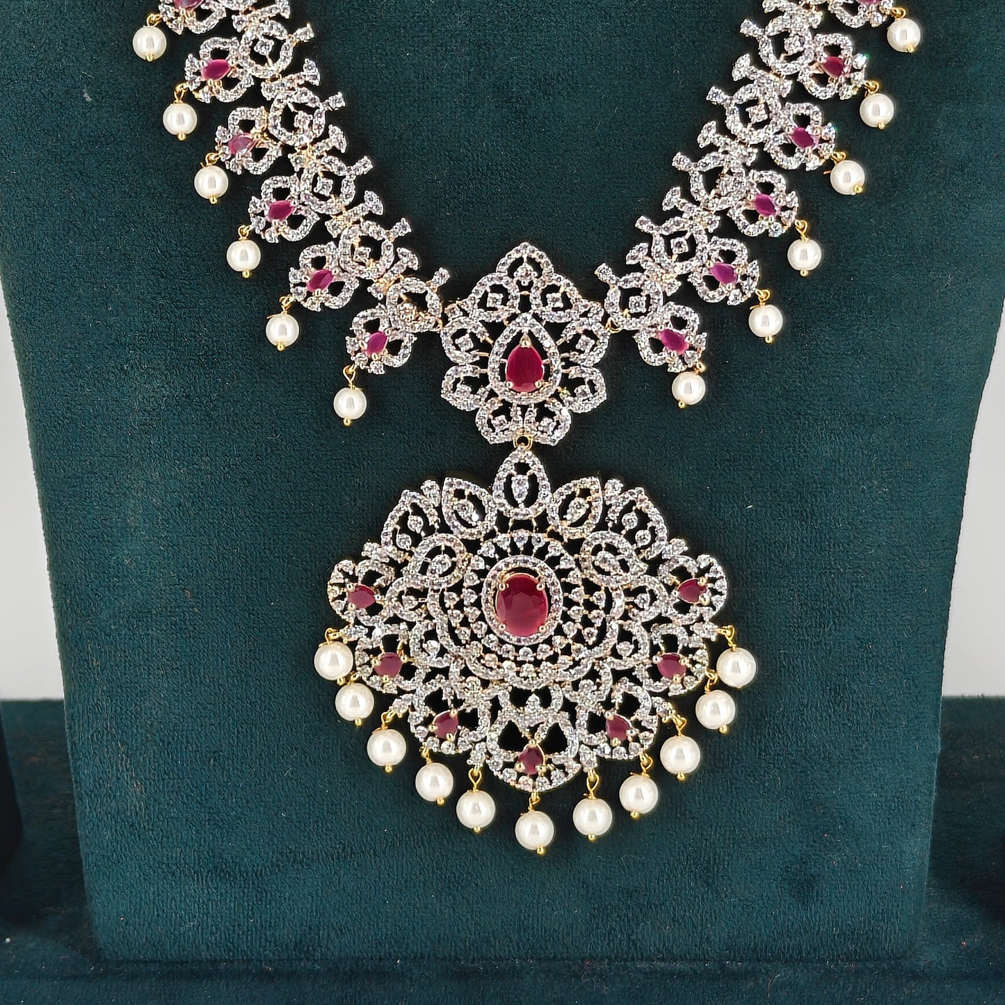 38502  Diamond look like ruby stone long necklace