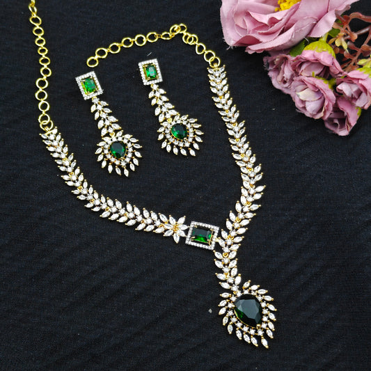 39381 Real diamond look fancy emerald necklace with heavy hangings