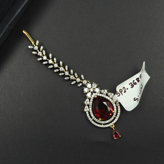 36852 Gold Finish Maroon Stone and CZ Maang Tikka