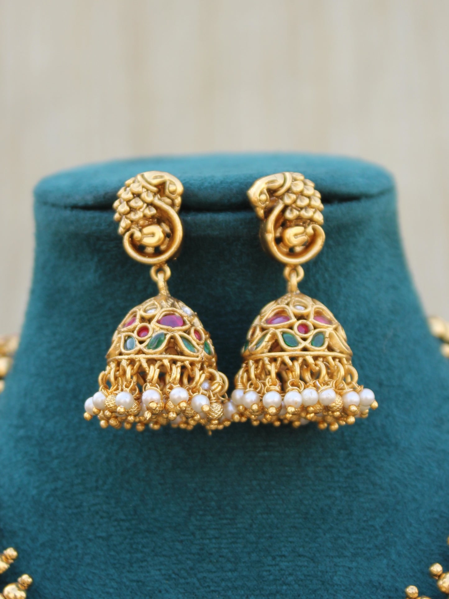 36339 Kasula Mala Jadau Temple Necklace Set with Pendant & Jhumkas