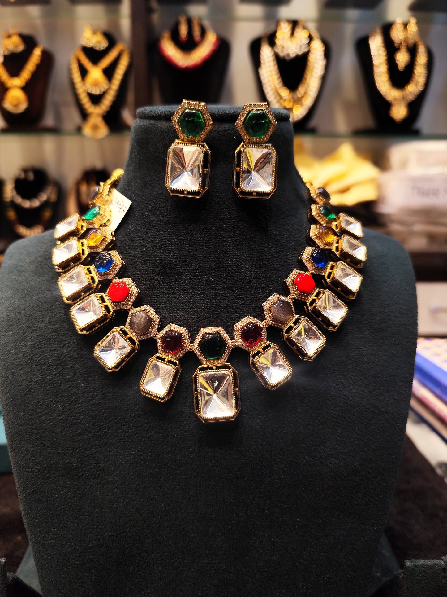 moissanite kundan short multi color necklace