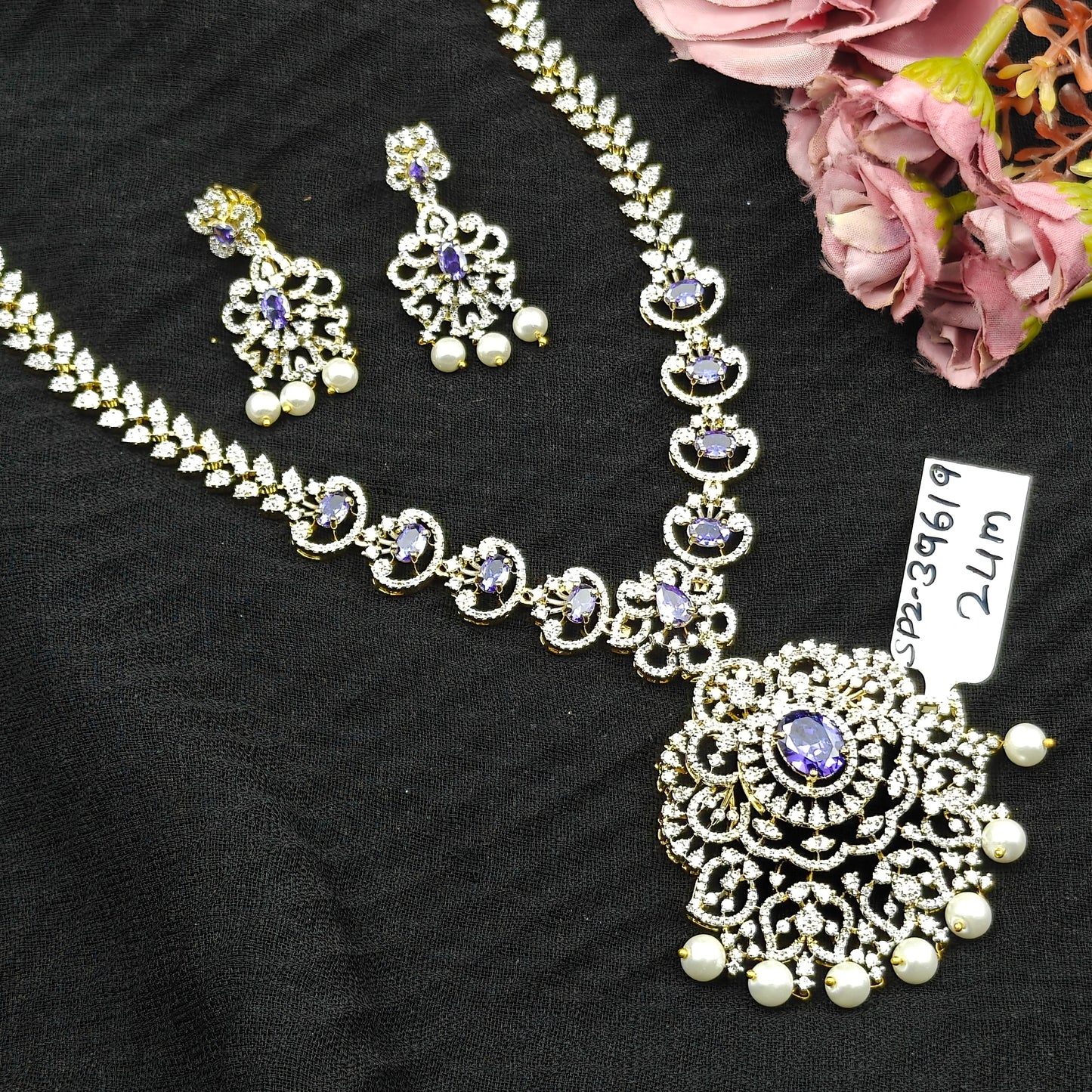 39619 Real diamond Look detachable short necklace with earrings
