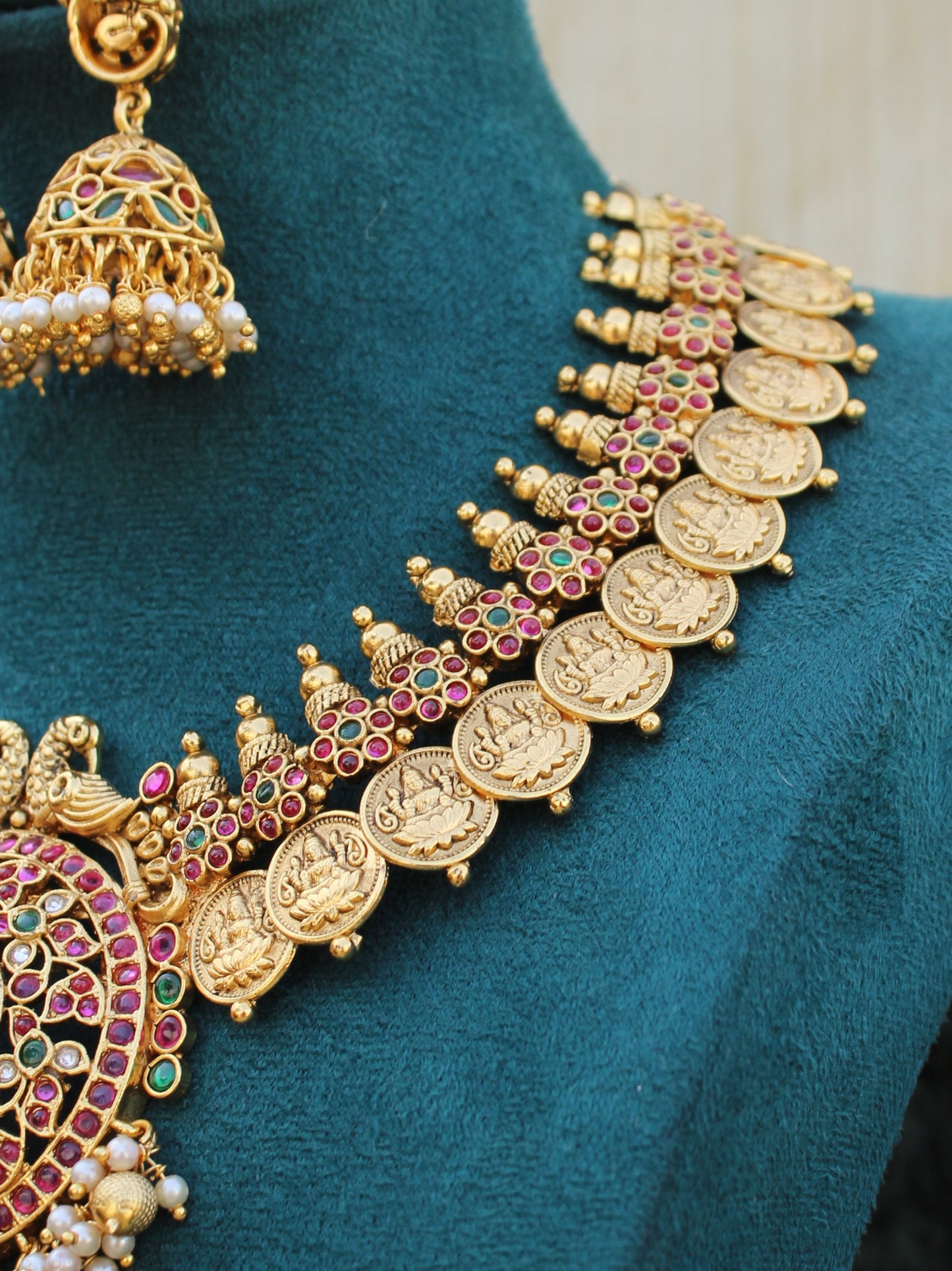 36339 Kasula Mala Jadau Temple Necklace Set with Pendant & Jhumkas