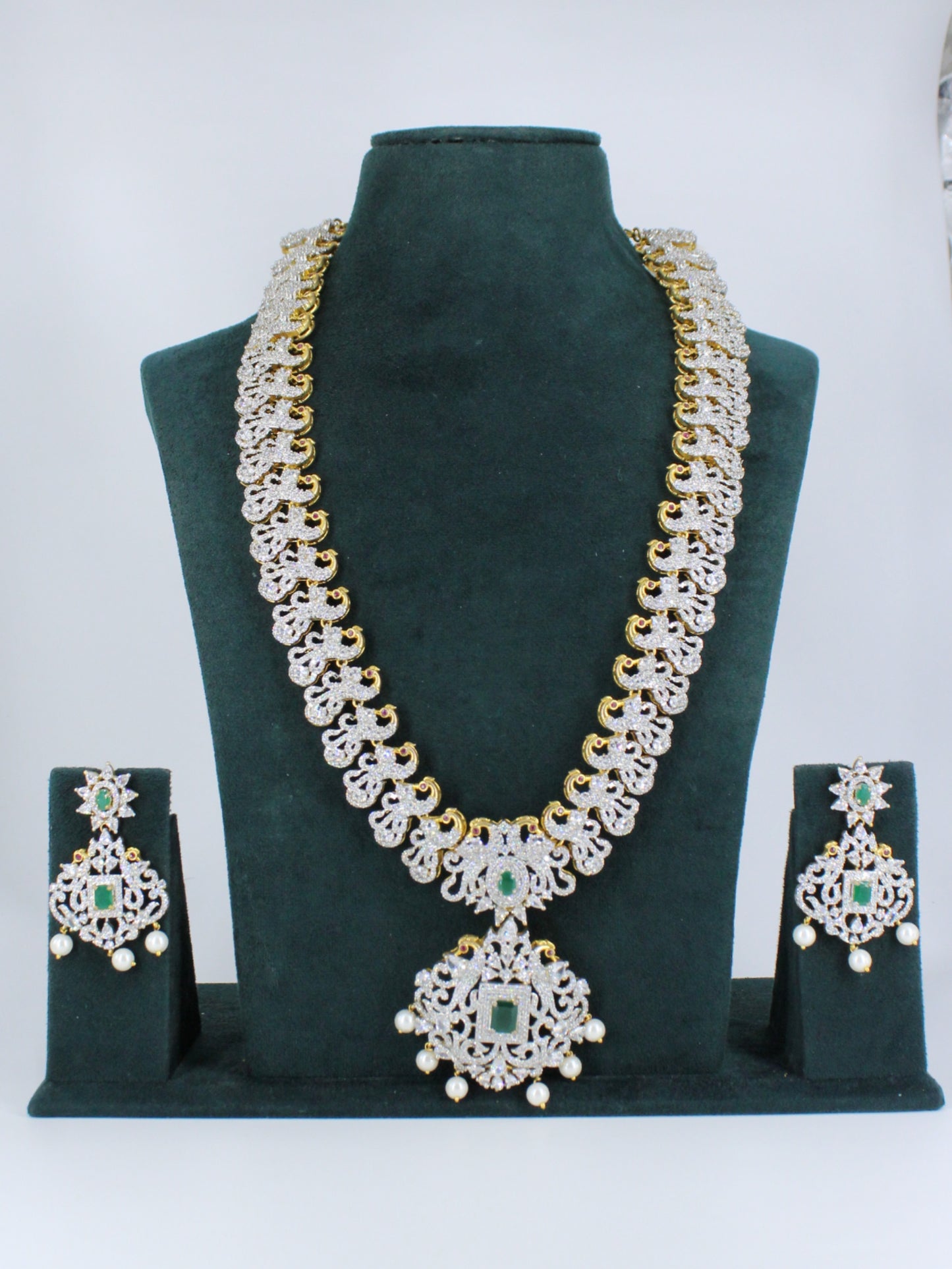 37785 Royal Peacock Bridal Necklace Set with Emerald Pendant & Earrings