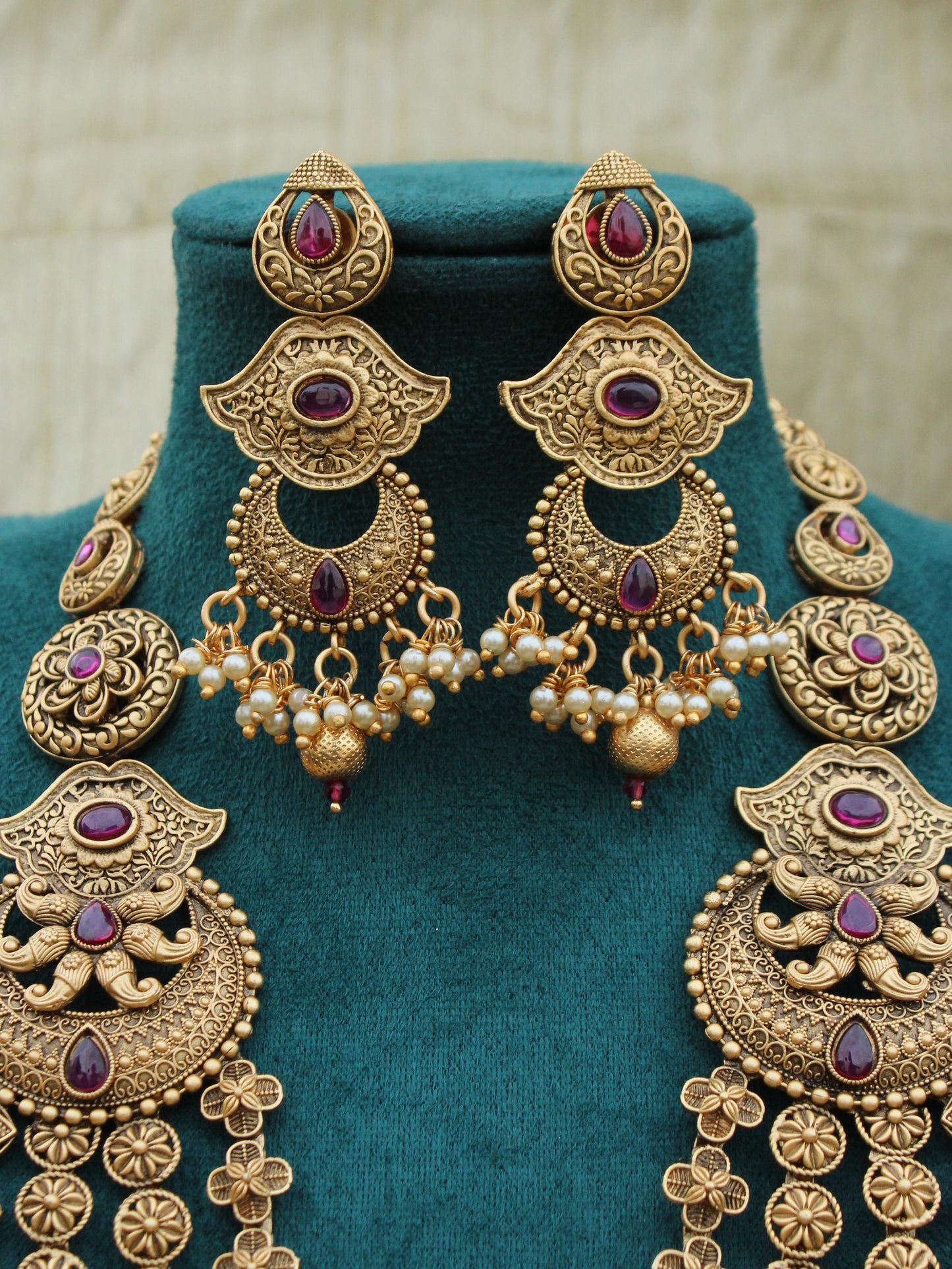 2309 Antique Finish Four-Layer Haram with Matching Chandbali Jhumkas