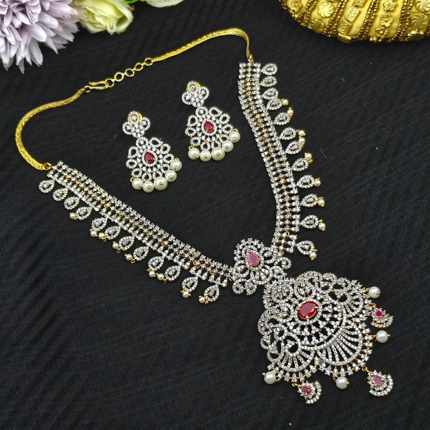 Diamond look ruby necklace