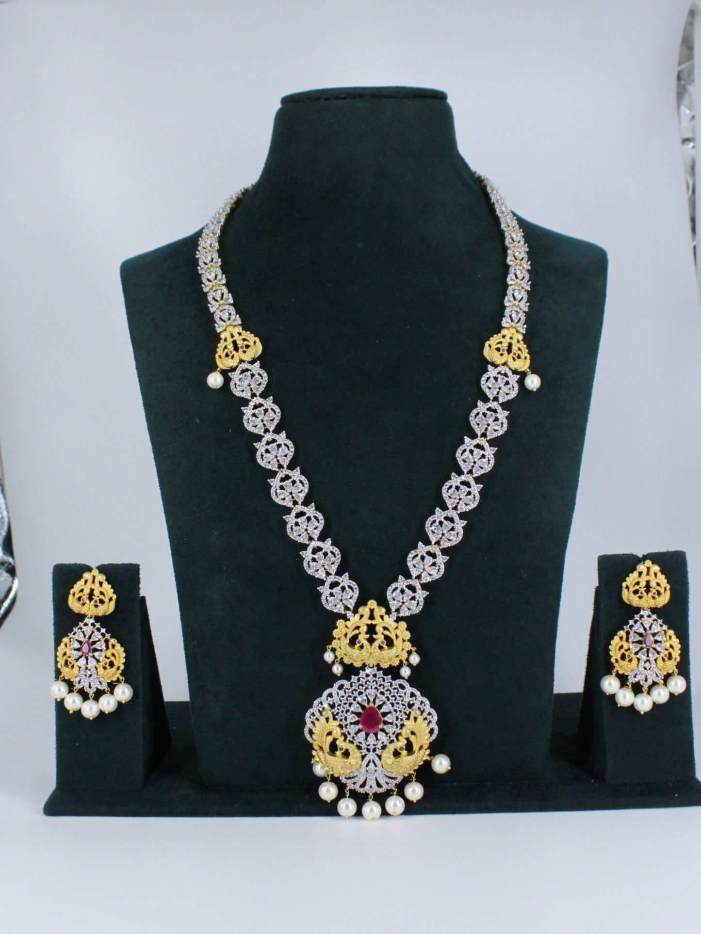 3997 Pearl Ruby Diamond Bridal Necklace Set