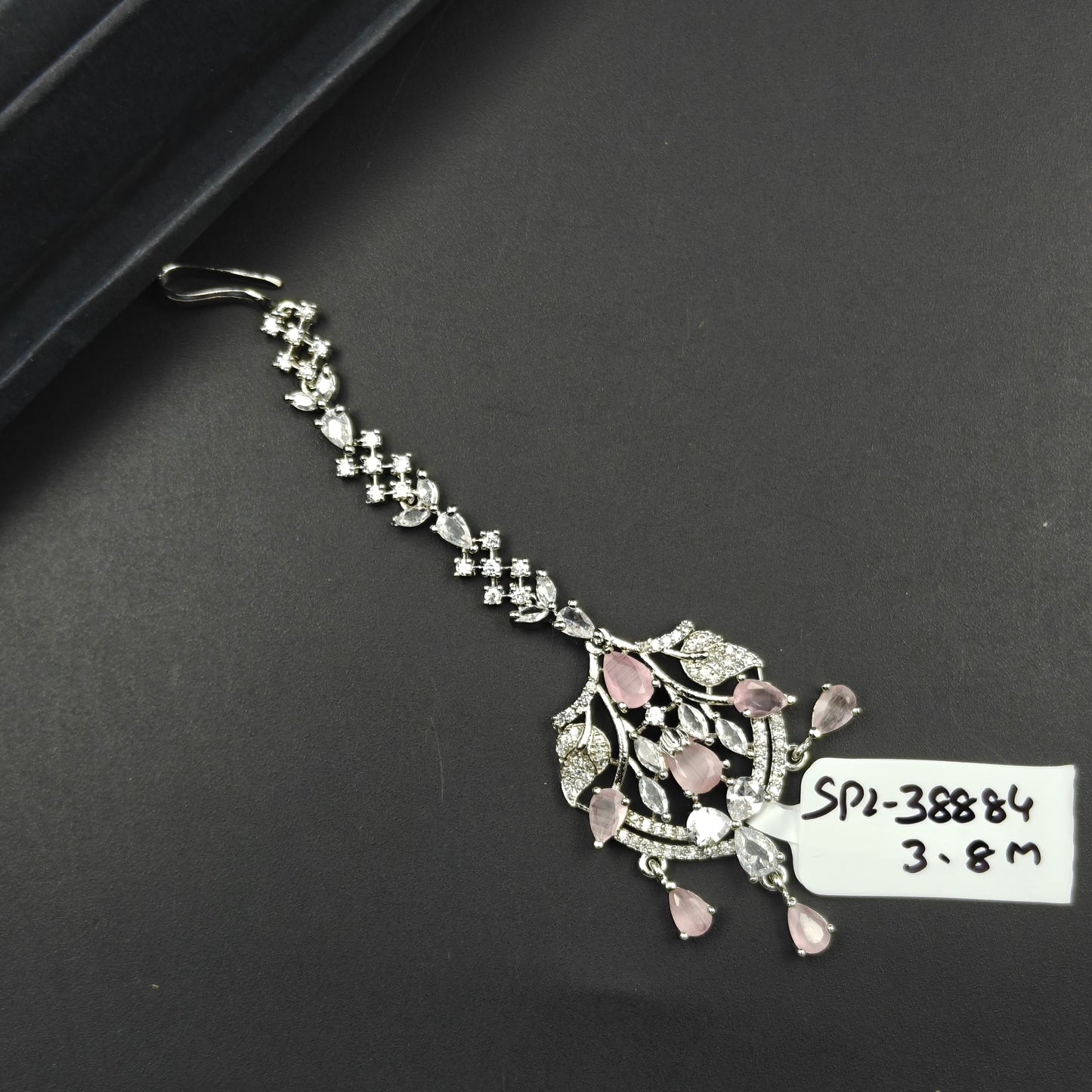 38884 Silver Finish Pink Stone and CZ Maang Tikka