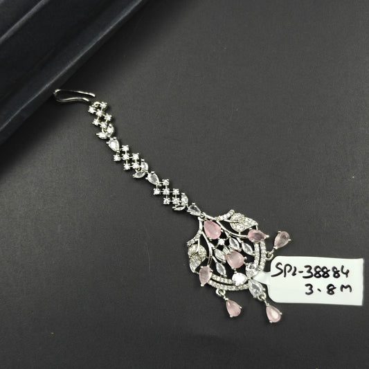 38884 Silver Finish Pink Stone and CZ Maang Tikka