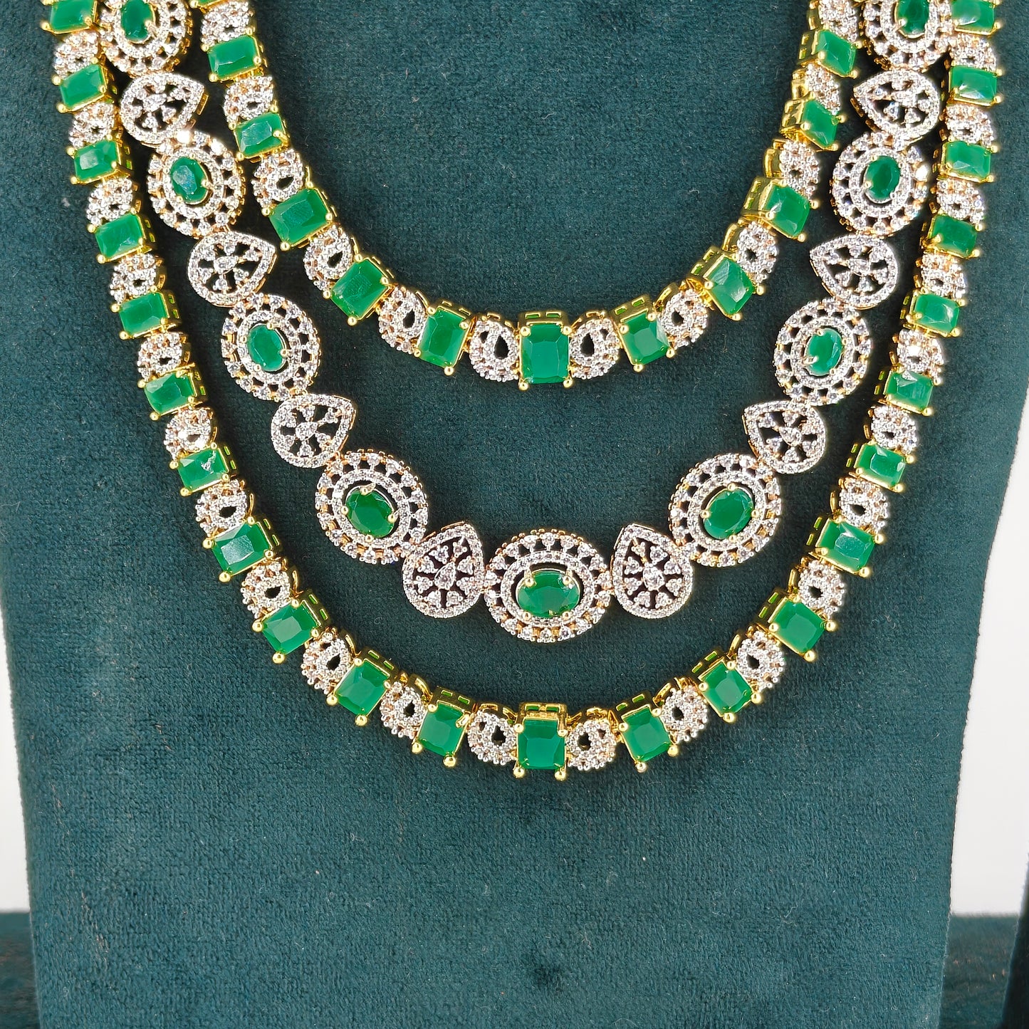6176 GJ green stone 3 layers long necklace