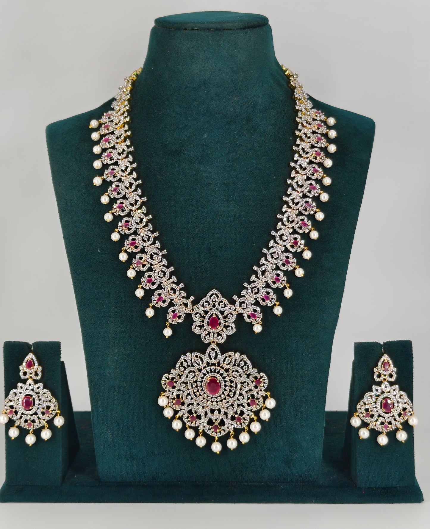 38502  Diamond look like ruby stone long necklace