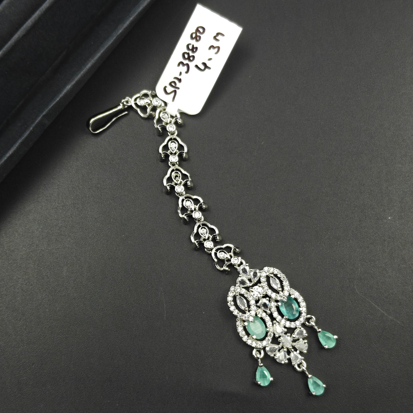 38880 Silver Finish Mint  Stone and CZ Maang Tikka