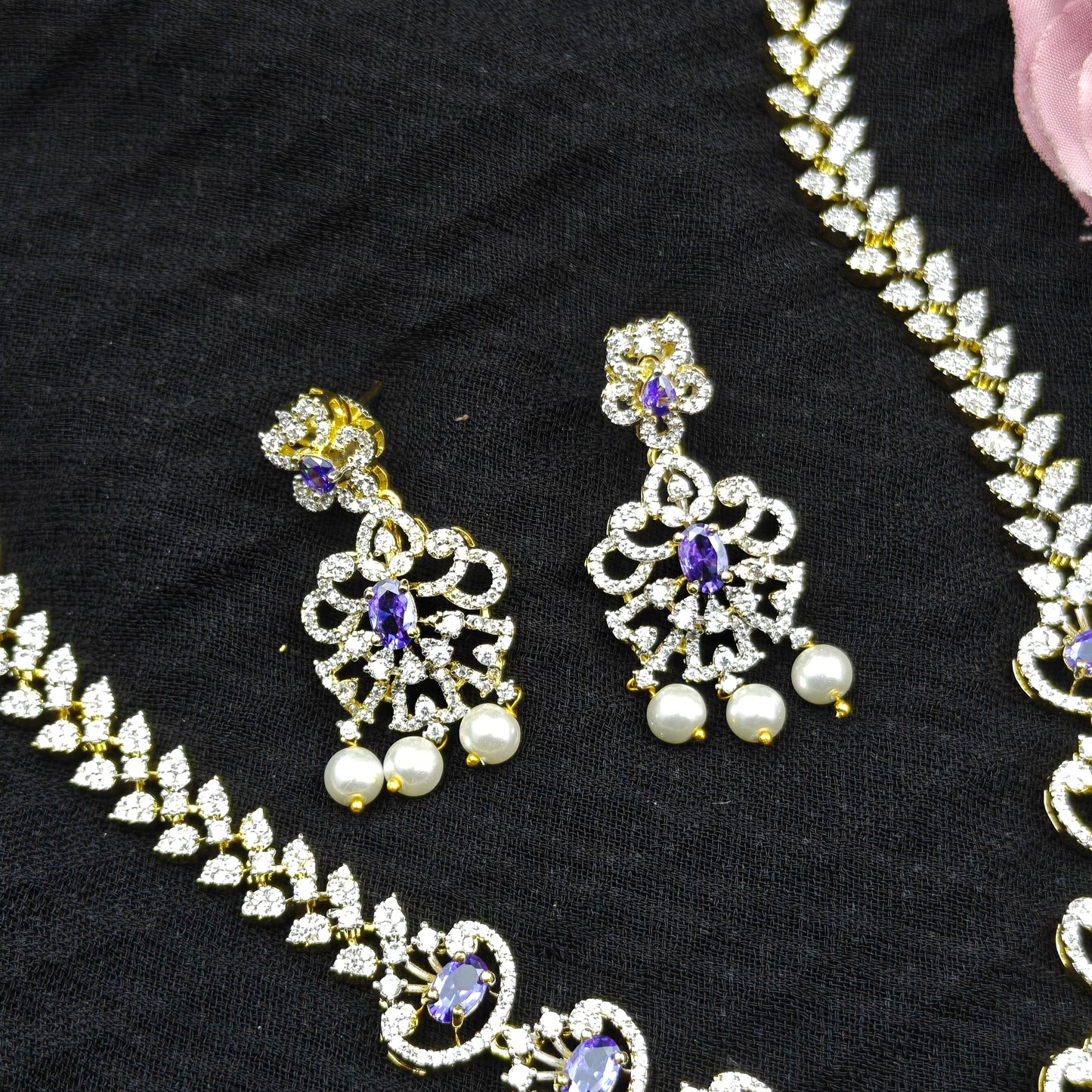 39619 Real diamond Look detachable short necklace with earrings