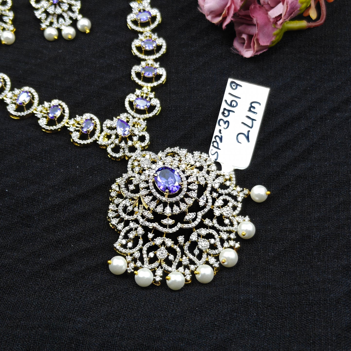 39619 Real diamond Look detachable short necklace with earrings