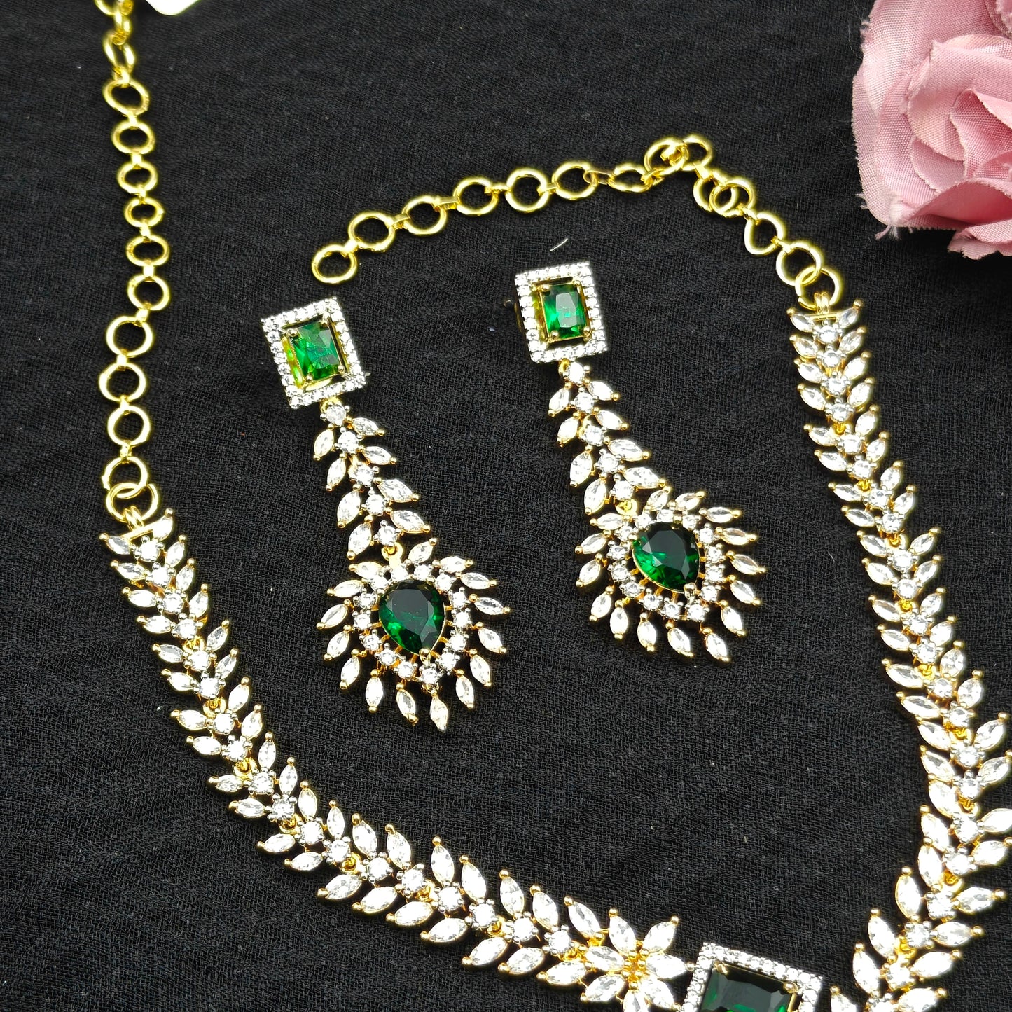 39381 Real diamond look fancy emerald necklace with heavy hangings